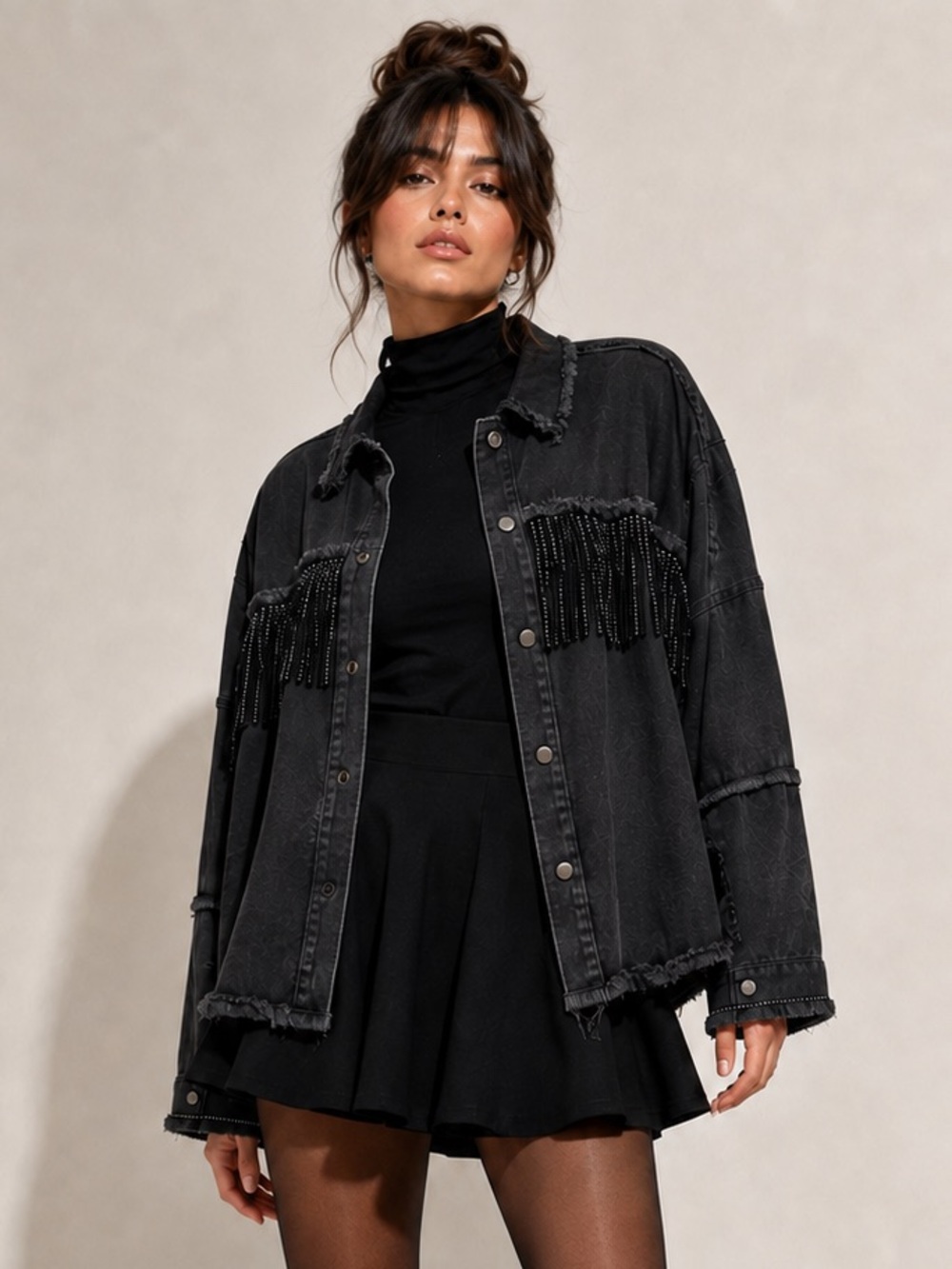 Zara Black Denim Rhinestone Fringe Oversized Jacket Size Small